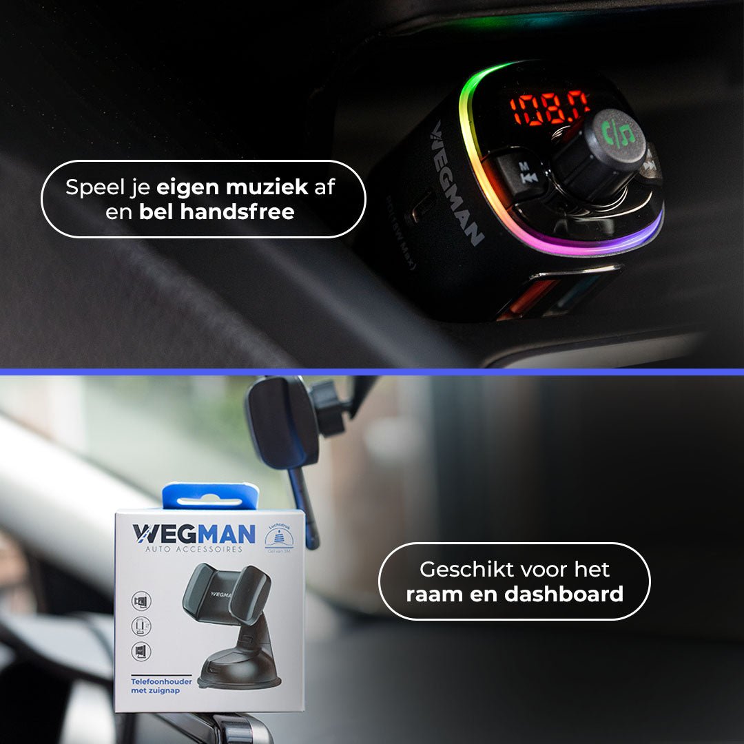 Bundeloverzicht op witte achtergrond – FM transmitter en telefoonhouder naast elkaar