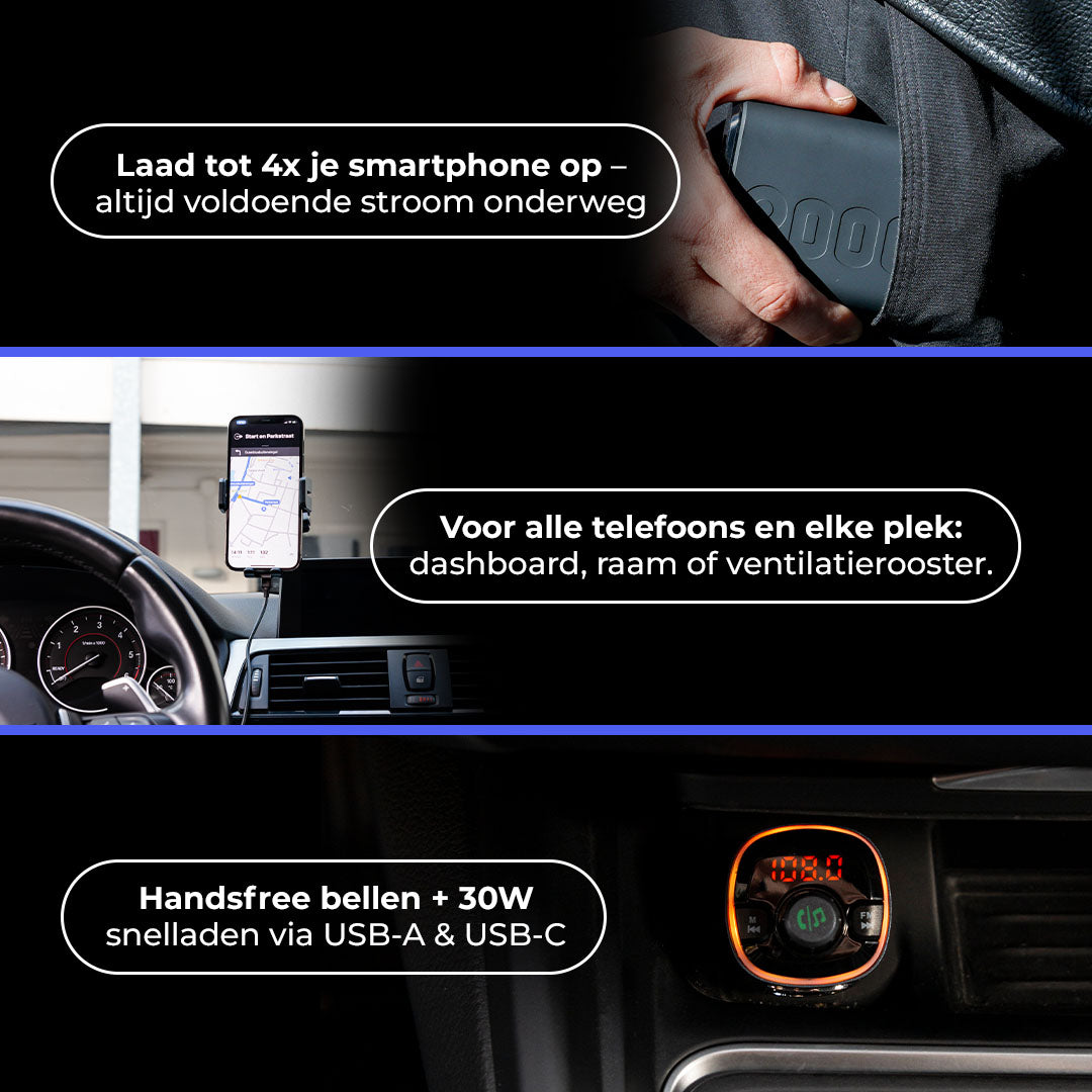 Wegman Roadtrip Essentials Pakket - Telefoonhouder met Draadloze Oplader, Bluetooth FM Transmitter & Powerbank 20.000mAh | Alles-in-één set voor onderweg
