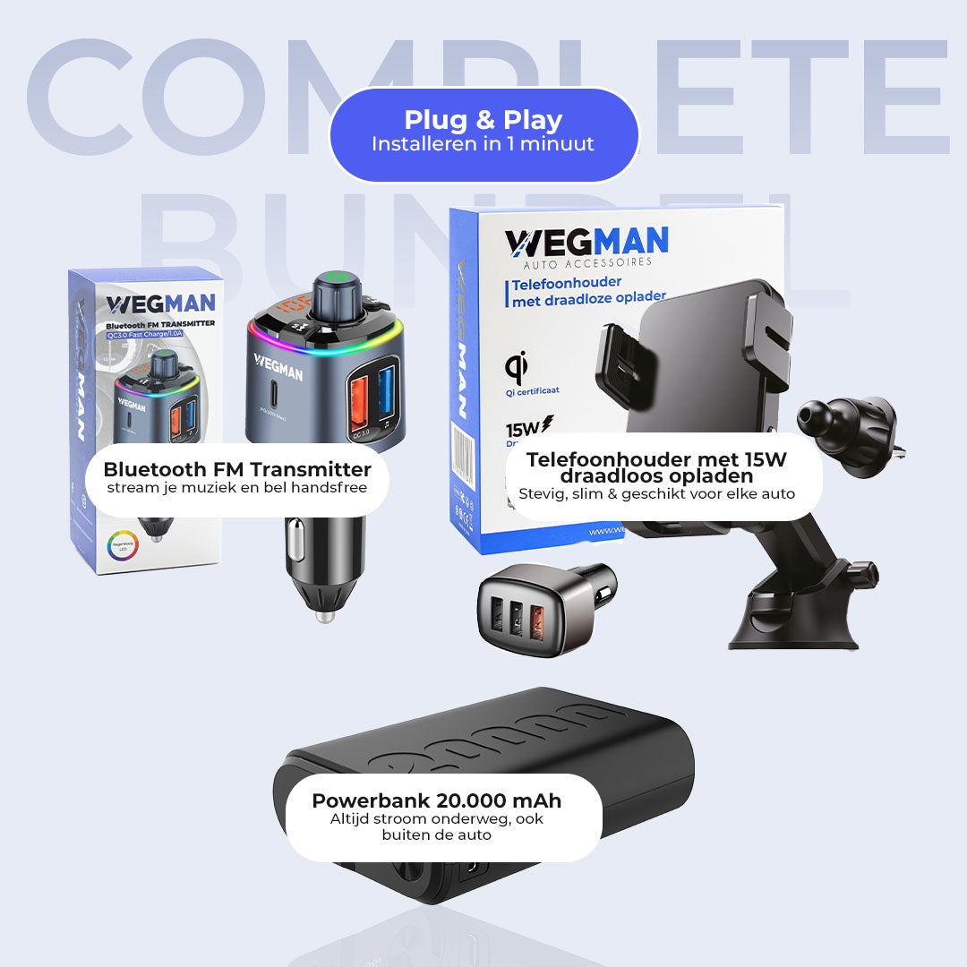 Wegman Roadtrip Essentials Pakket - Telefoonhouder met Draadloze Oplader, Bluetooth FM Transmitter & Powerbank 20.000mAh | Alles-in-één set voor onderweg