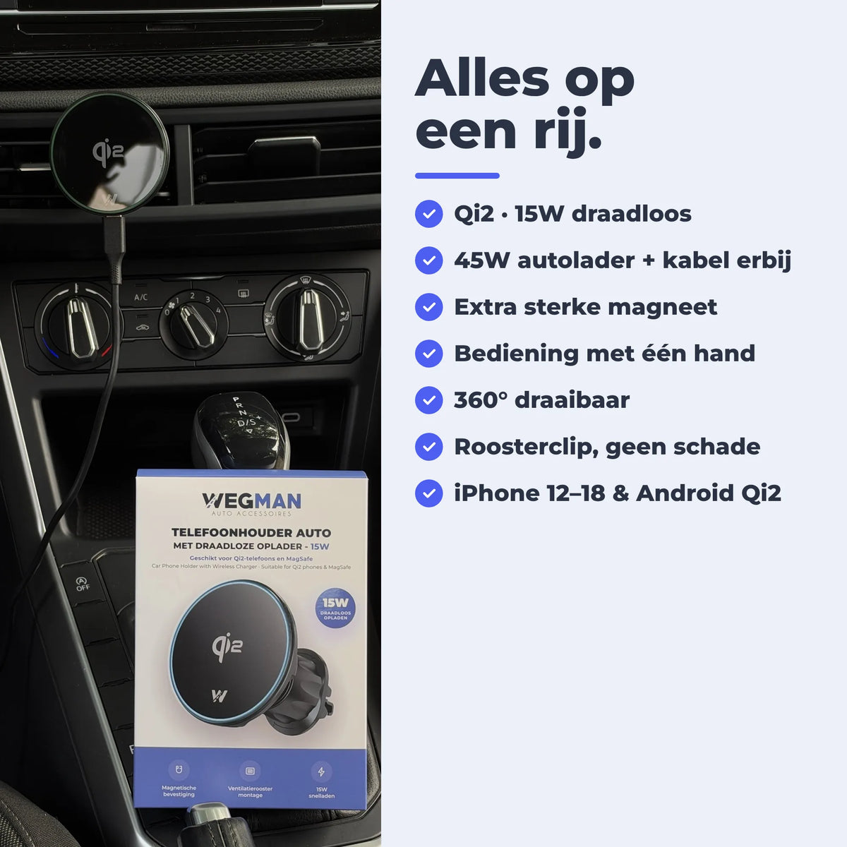 Wegman MagSafe autohouder Qi2 15W met verpakking en overzicht van alle voordelen