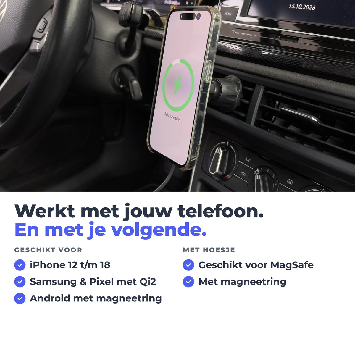 Wegman Qi2 autohouder geschikt voor iPhone 12 tot en met 18, Samsung en Pixel met Qi2 en MagSafe-hoesjes