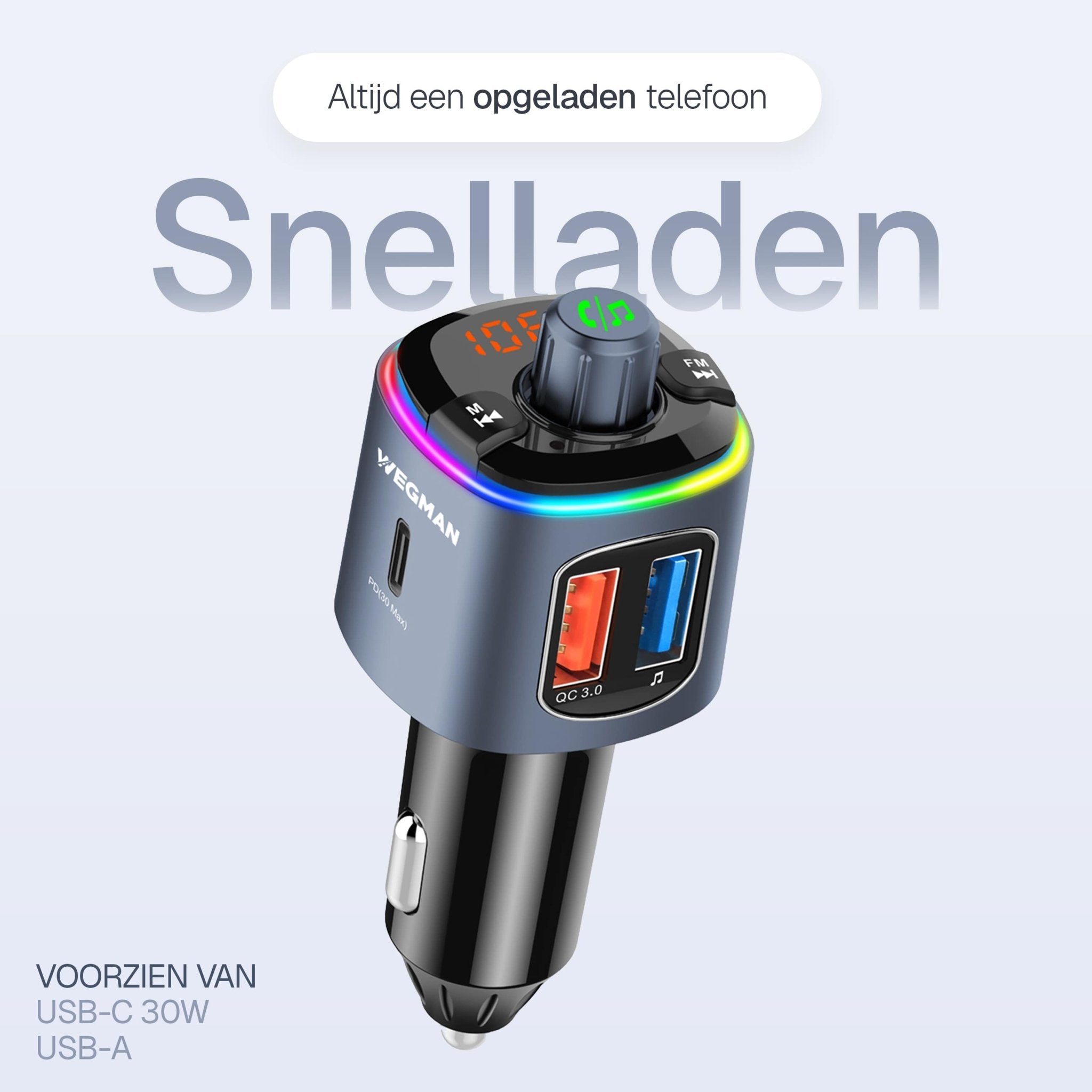 30W USB-C en USB-A poorten op Wegman FM Transmitter voor snel opladen