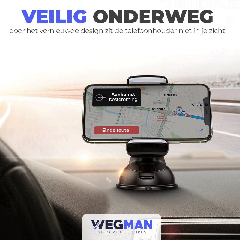 Telefoonhouder bevestigd op dashboard met verstelbare arm