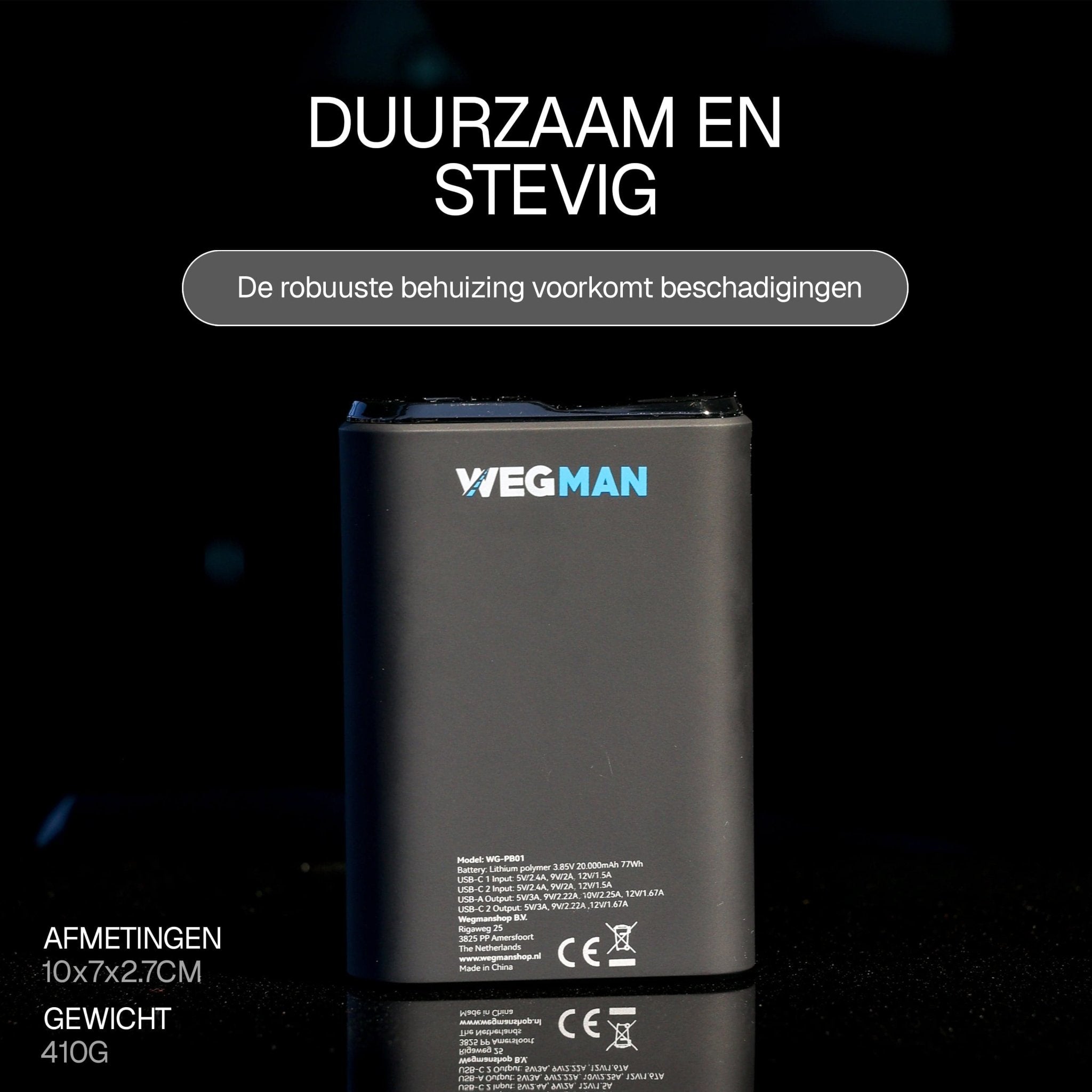 Wegman powerbank met specificaties en USB-C kabel