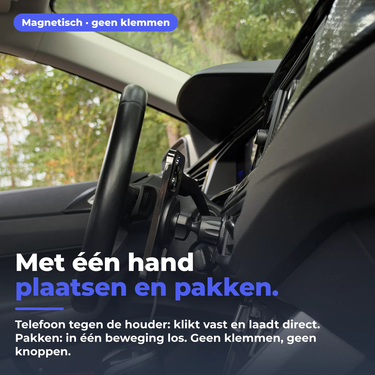 Magnetische autohouder Wegman: telefoon met één hand plaatsen en pakken, zonder klemmen